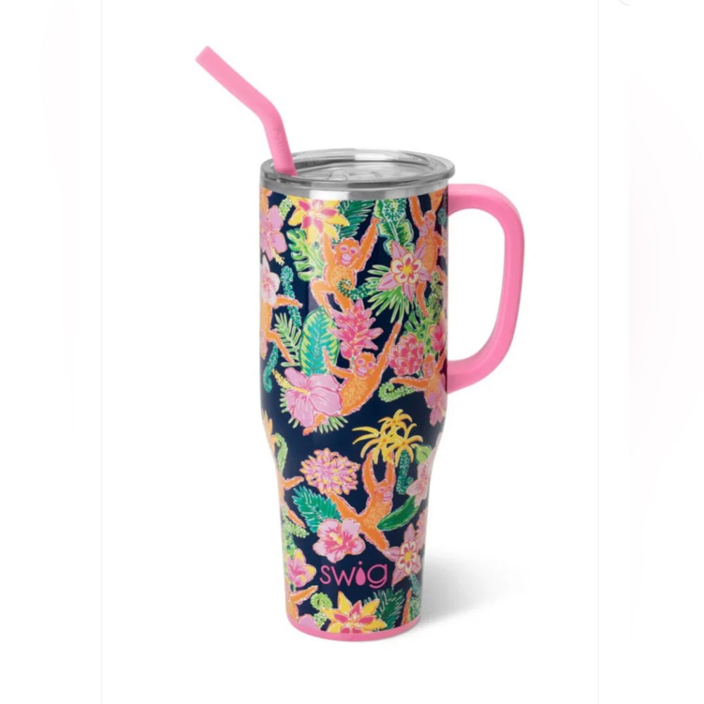 Colorful Floral monkey Swig Tumbler “Jungle Gym” with Handle & Straw NWT 40 oz.